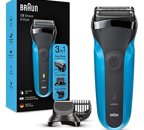 Braun Series 3 Rasierer Herren, 3-in-1-Elektrorasierer, Barttrimmer mit 5 Kammaufsätzen, wiederaufladbarer und kabelloser elektrischer Rasierer,30 Min Laufzeit, Wet&Dry, 310BT, schwarz/blau (1er Pack)