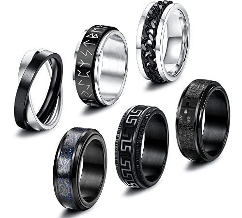 CASSIECA 6 Pcs Edelstahl Spinner Ring Set für Männer Frauen Schwarz Fidget Band Ringe Stressabbau Anti Angst Schmuck Coole Kette Welle Kreuz Spinner Band Ringe Zum Stress Abbau