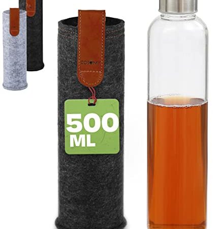 Cosumy Trinkflasche aus Glas 550ml mit Filzhülle - Auslaufsicher - Spülmaschinenfest - Borosilikatglas