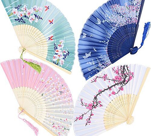 DEOMOR 4 Stück Handfächer Fächer Folding Fans Hand Fans Bambus Fans mit Quaste Faltfächer Klappfächer Taschenfächer für Wanddekoration Geschenke Hochzeit (38cm*21cm)