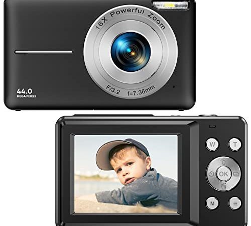 Digitalkamera, 1080P Kompaktkamera FHD Fotokamera 44MP Vlogging-Kamera Tragbare Mini kinderkamera mit LCD-Bildschirm 16X Digitalzoom und 1 Batterien für Studenten Teenager Mädchen Jungen-Schwarz