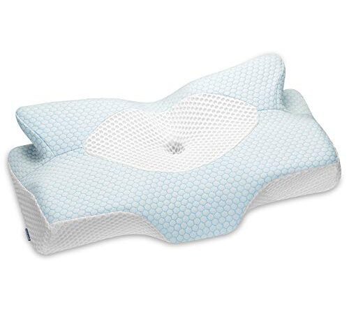 Elviros Zervikale Orthopädisches Kopfkissen aus Memory-Schaum abnehmbares ergonomisches Nackenhörnchen für Nacken- und Schulterschmerzen Nackenstützkissen für Seitenschläfer, Blau, 53.8 x 11/9 x 33 cm