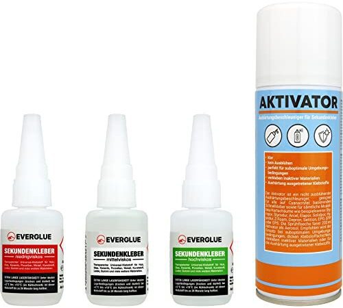 Everglue Sparset Sekundenkleber lange Haltbarkeit dünn + mittel + dick à 20g + Aktivator 200ml - Industriekleber extra stark für universelle Reparatur und Instandsetzung in Hobby Beruf und Haushalt