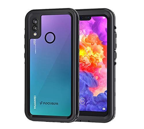 Focusor für Huawei P20 Lite Hülle, IP68 Wasserdicht Handyhülle 360 Grad Schutzhülle, Stoßfest Staubdicht und Schneefest Outdoor Panzerhülle mit Eingebautem Displayschutz, Schwarz