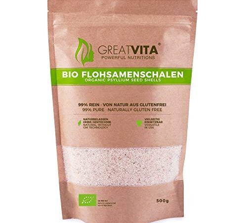 GreatVita Bio Flohsamenschalen, 99% rein, 500g indische Flohsamenschalen ballaststoffreich