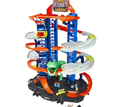 Hot Wheels GJL14 - City Robo-T-Rex, MEGAcity Parkgarage mit T-Rex Angriff, mehrstöckig, Mehrspieler-Modus, Platz für +100 Fahrzeuge im Maßstab 1:64, Spielzeug Geschenkidee für Kinder ab 5 Jahren