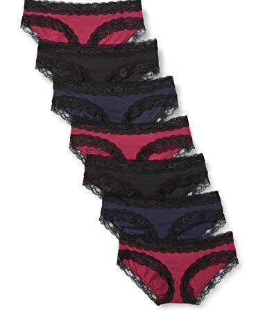 Iris & Lilly Damen Hipster-Unterwäsche Baumwolle und Spitze, 7er-Pack, Marineblau/Burgunderrot/Schwarz, 40
