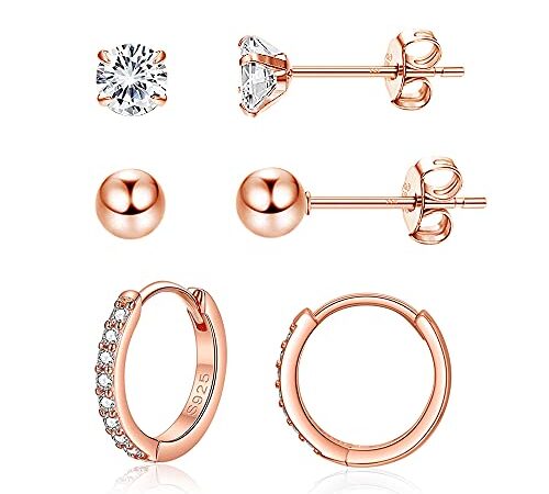 Josfeva Creolen Silber 925 Damen Ohrstecker Ohrringe, 925 Sterling Silber Ohrstecker Creolen Ohrringe Set, 3 Paare Rose Gold Schlafen Ohrstecker Creolen Ohrringe Set, 5mm Ohrstecker & 14mm Creolen