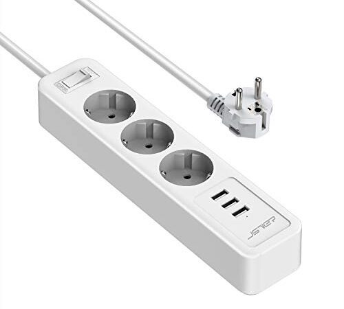 JSVER Steckdosenleiste 3 Fach mit 3 USB Ladeanschlüsse, Mehrfachsteckdose Wandmontage(3680W) Steckerleiste Überspannungsschutz mit USB (5V 2,4A,12W) mit 2M Kabel für Smartphones, Laptop, iPAD -Weiß