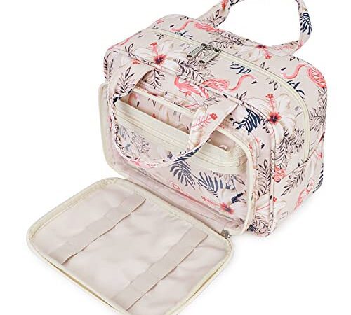 Kulturtasche Damen Gross & Kosmetiktasche Groß, Make up Tasche für Herren & Volle Größe Kulturbeutel für Kinder (Beige Flamingo)