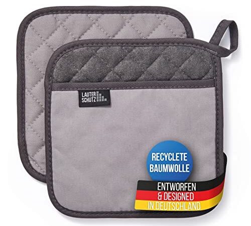 LauterSchutz® 1 Paar Topflappen - extra weiche, waschbare & recyclete Baumwolle mit Grifftasche für die Hände [Hitzebeständig bis 250°C] Topfhandschuhe zum Kochen & Backen (Grau)