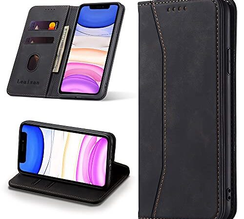 Leaisan Handyhülle für iPhone 11 Hülle Premium Leder Flip Klappbare Stoßfeste Magnetische [Standfunktion] [Kartenfächern] Schutzhülle für iPhone 11 Tasche - Schwarz