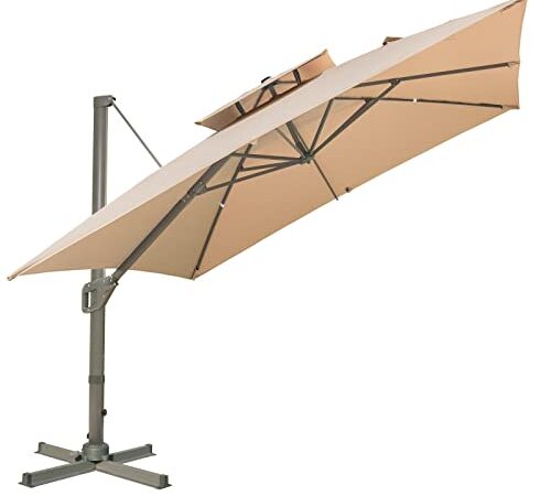 LKINBO Gartenschirm Sonnenschirm quadratisch 300 x 300 cm Balkon Marktschirm groß 360° Rotation,Gartenschirm mit Kurbel, Kreuzfuß, Balkonschirm, Deck, Schwimmbad, Sonnenschutz UV50+,Khaki