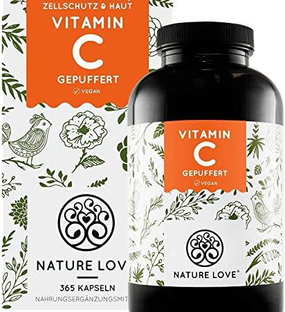 NATURE LOVE® Gepuffertes pflanzliches Vitamin C - Hochdosiert mit 1000mg Vitamin C je Tagesdosis - 365 Kapseln - pH-neutral & magenfreundlich - Vegan