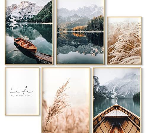 OHBIMBA® Poster Set - Mehrteilige Wandbilder Wohnzimmer Schlafzimmer - Kunstdruck Bilder Set zum Einrahmen - 6 Zimmer Deko Wandposter OHNE Rahmen - Größe 4x A3 + 2x A4 (Pampasgras Boot See)