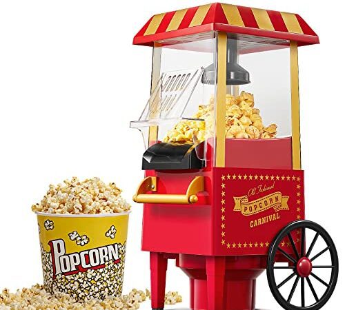 Popcornmaschine Heissluft - HOUSNAT Retro Klein Popcorn Maker -Fettfreies Ölfreies & Gesunder Maïs Snack - 1200W Popcorn Maschine für Zuhause - Filmabend & Weihnachten - Rot