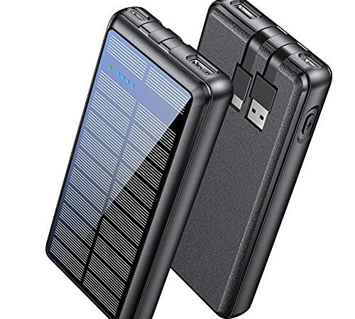Rsesun Power Bank 26800mAh Solar,Tragbares Externe Handyakkus mit eingebautem USB-C und USB-Kabel,2 Ausgänge 2 Eingänge Solar Powerbank Outdoor,Kompatibel mit iPhone, Samsung, Huawei.Xiaomi