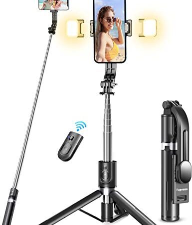 Selfie Stick mit Verbessertem Stativ – 2 Fülllicht, Tupwoon Extra Langes 114cm Handy Stativ mit Abnehmbarer Fernbedienung, Kompatibel mit iPhone Samsung Smartphones, Action-Kamera GoPro
