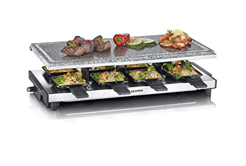 SEVERIN Raclette mit Naturgrillstein, elektrischer Tischgrill, Raclette für 8 Personen mit Grillplatte und 8 Pfännchen, Kunststoff/Edelstahl, schwarz, RG 2374
