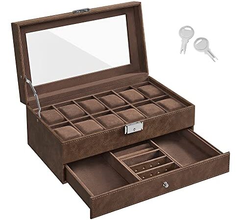 SONGMICS Uhrenbox mit 12 Fächern, Uhrenkasten mit Glasdeckel, abschließbar, Uhrenkoffer 2 Ebenen, 1 Schublade, für Ringe, Armbänder, Geschenkidee, PU-Bezug in Braun, Innenfutter in Braun JWB012K01