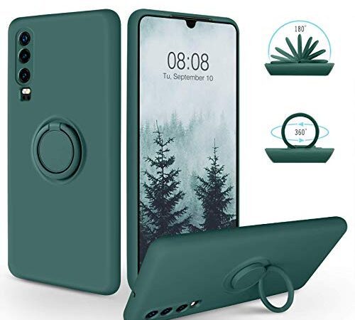 SouliGo Huawei P30 Hülle, Huawei P30 Handyhülle Silikon Gel Slim Case Cover mit 360 Grad Ring Halter Ständer stabil Kratzfest Hülle für Huawei P30 Dunkelgrün