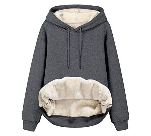 Sweatshirt Damen Gefüttert Warm Fleece Pullover Kapuzenpullover Sweatjacke Mit Kapuze Langarm Oversized Einfarbig Hooded Pulli Oberteile Teddy Langarmshirt Herbst Winter Kapuzenjacke Streetwear