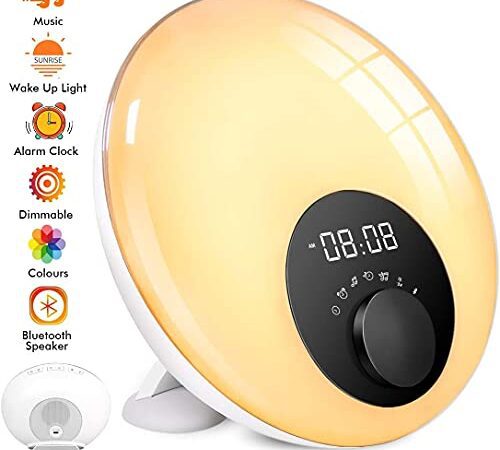 Wake Up Licht mit Bluetooth Lautsprecher, Lichtwecker mit Touch-Bedienung, Schlummer, Sonnenaufgang- & Sonnenuntergang-Simulation und Schlafhilfe, Stimmungslicht mit Farbewechsel, 10 Melodie
