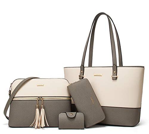 YTL Damen Handtasche Tote Shopper Groß Schultertasche Umhängetasche Geldbörse Kartenhalter Tasche 4-teiliges Set für Büro Schule Einkauf Reise Geschenk grau beige