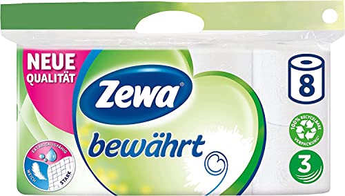 Zewa bewährt Toilettenpapier, strapazierfähiges WC-Papier 3-lagig in zartem Weiß, 1 x Vorratspack mit 8 Rollen, 8 Stück (1er Pack)