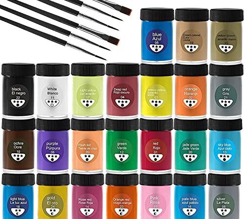 Acrylfarben Set mit Acrylfarben auf Wasserfeste für Steine, Holz, Papier und Leinwand, Acryl Farben Set für Kinder, Erwachsene 24 x 25 ml Pigment +6 Pinsel