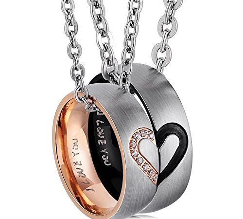 ANAZOZ Schmuck Edelstahl Paar Halskette mit Ring Anhänger, Puzzle Herz mit Gravur I Love You, 5A Zirkonia, Breite 6MM, Rosegold Schwarz für Damen und Herren - Rolokette Kordelkette 80cm Partnerketten