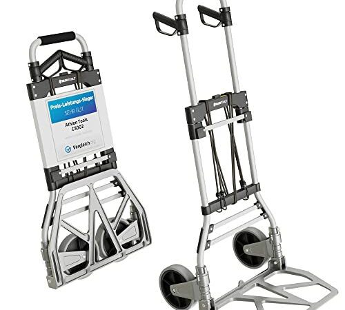 ATHLON TOOLS Schwerlast-Sackkarre klappbar 150 kg - Aluminium - Große Räder leichtgängig mit Soft-Laufflächen und Kugellager, 2 Expanderseile - Modell 2023