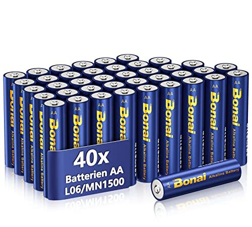 BONAI Longlife Alkaline Batterien AA (40 Stück) 1,5V Mignon LR06 Batterie, leistungsstark, Ideal für Wecker, Fieberthermometer, Dekorative Lampen und andere Geräte mit Hohem Energiebedarf