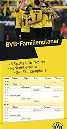 Borussia Dortmund Familienplaner 2023 - BVB - Bundesliga - Wandkalender mit Monatskalendarium, 5 Spalten, Schulferien und 4 Stundenplänen - 21 x 45 cm