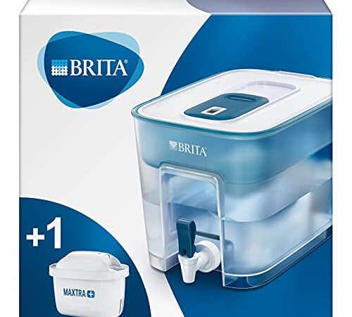 BRITA Wasserfilter-Station Flow inkl. 1 MAXTRA+ Filterkartusche – XXL Tischwasserfilter mit Zapfhahn reduziert Kalk, Chlor und leitungsbedingt vorkommende Metalle wie Kupfer & Blei im Leitungswasser