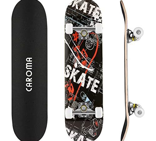 Caroma Skateboard 31x8 Zoll Komplette Cruiser Skateboard für Kinder Jugendliche Erwachsene, 9-Lagiger Kanadischer Ahorn Double Kick Deck Concave, für Anfänger
