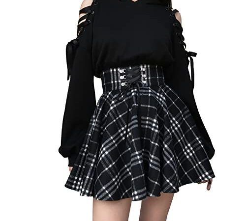 Damen Mini-Faltenrock, kariert, hohe Taille, Gothic-Stil, A-Linie, zum Schnüren, Schwarz, 36