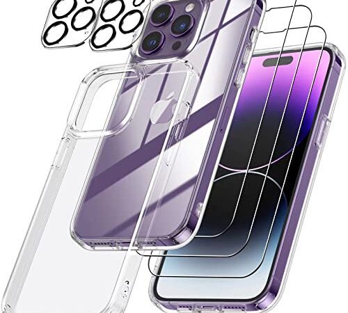 Emetok 6-in-1 Set für iPhone 14 Pro Hülle [stoßfest und Anti-Vergilbung], 1x iPhone 14 Pro Schutzhülle mit 3 x Schutzfolie und 2 x Kameraschutz,Anti-Kratzer, Transparent