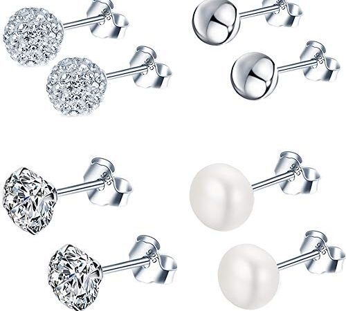 Epoch World 4 Paare Basic 925 Sterling Silber Ohrringe mit Zirkonia Kristall Perlen Ohrstecker Set Kleine Kugel Stecker für Damen Frauen Mädchen