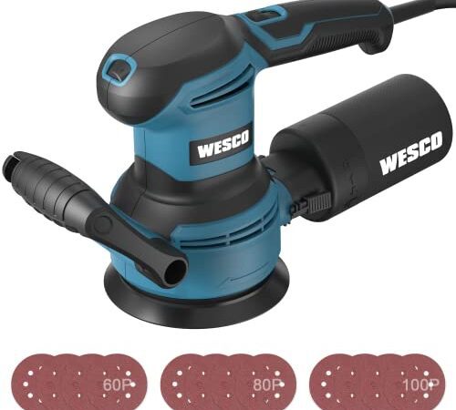 Exzenterschleifer, WESCO 400W Exzenterschleifmaschine 12000 RPM mit 12 Stück Schleifpapier, 6 variable Geschwindigkeiten, 125mm Durchmesser mit Staubsammelung System, für Schleifen/Polieren/Heimwerker