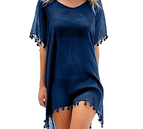 FFWTPY Damen Strandkleid, Chiffon Sommer Strandponcho, Badeanzug Bikini Cover-Ups mit Quasten, Boho Strandtunika, Transparent Strandurlaub Badeanzug, Bikini Beachwear (Marineblau)