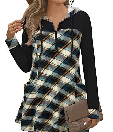 Gaharu Lässige Farbblock Pullover Damen V-Ausschnitt Frauen Winterpulli Kapuzen Damenoberteil Locker A-Linie Hoodiekleider Plissiertes Baumwolle T-Shirt Langarm 1/4 Reißverschluss Türkis Kariert, M