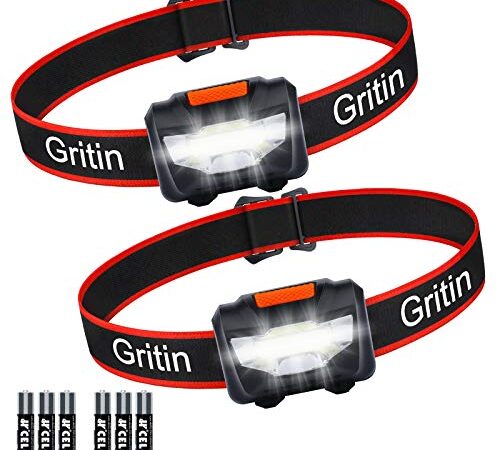 Gritin Stirnlampe LED, [2 Stück] LED Stirnlampe Kopflampe Superhell mit 3 Modi, IPX5 Wasserdichte Leichtgewichtige Mini Stirnlampe fürs Laufen, Campen, Joggen, Angeln, für Kinder