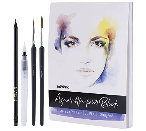 int!rend Aquarellpapier A4 300 g - 30 Seiten Aquarellblock inkl. Wassertankpinsel + 2 Pinsel + Bleistift - Professionelles Watercolor Paper Aquarell & Gouache Mal Block