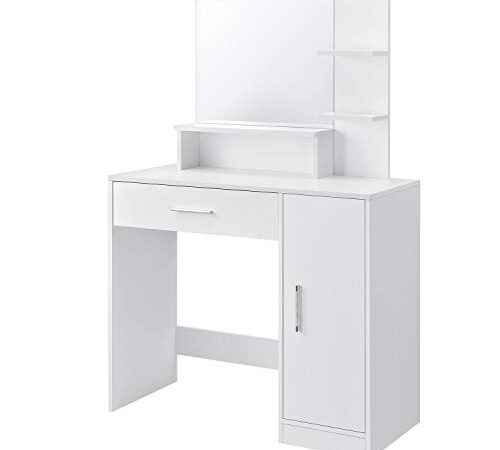 Juskys Schminktisch Zoey mit Spiegel, Schublade, 3 Fächer & Schrank — 90 x 38 x 137 cm - weiß — Damen Mädchen Kosmetiktisch Frisiertisch Make up Tisch