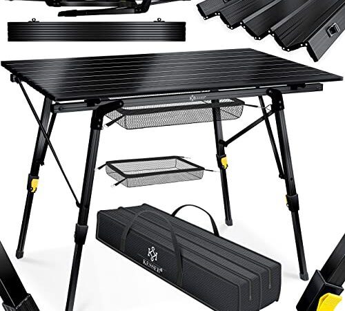 KESSER® Campingtisch faltbar Klapptisch Camping Tisch mit Aluminiumrahmen Aufrollbare Tischplatte Falttisch klappbar Höhenverstellung inkl. Tragetasche mit Trageband 90 x 53cm - bis 30 kg, Schwarz
