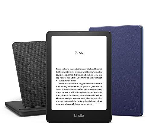 Kindle Paperwhite Signature Essentials Bundle mit einem Kindle Paperwhite Signature Edition (32 GB | ohne Werbung), einer Amazon Lederhülle (Marineblau) und einem kabelloses Ladedock „Made for Amazon“