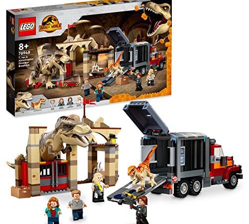 LEGO 76948 Jurassic World T. Rex & Atrociraptor: Dinosaurier-Ausbruch, Set mit LKW und 4 Minifiguren, Dinosaurier Spielzeug Geschenk