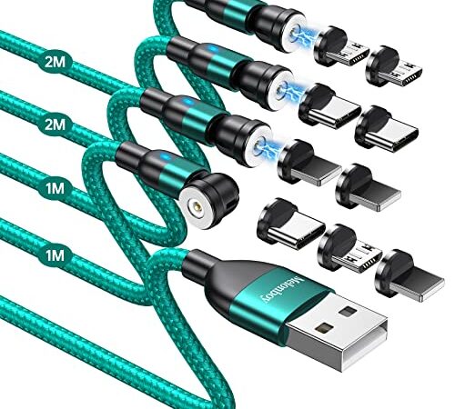 Melonboy Ladekabel Magnetisch Typ C, 3 in 1 Magnetisches Ladekabel [1m+1m+2m+2m], 360° und 180° Drehbares Magnet Ladekabel 2M USB Nylon Magnetladekabel kompatibel mit Micro USB/i-Produkt (Grün)