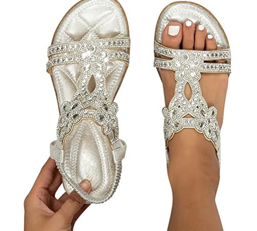 Minetom Damen Sommer Sandalen Mit Strass Perlen Bohemia Strand Schuhe Freizeit Flach Sandalette A Silber 37 EU
